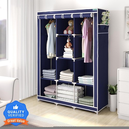 Ontek 6 + 2 Shelves 3 Door Fancy Collapsible Wardrobe for Clothes Racks with Zip Door Cover & Side Pockets, Foldable DIY(Do-It-Yourself), Blue