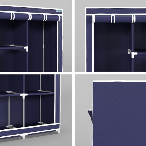 Ontek 6 + 2 Shelves 3 Door Fancy Collapsible Wardrobe for Clothes Racks with Zip Door Cover & Side Pockets, Foldable DIY(Do-It-Yourself), Blue