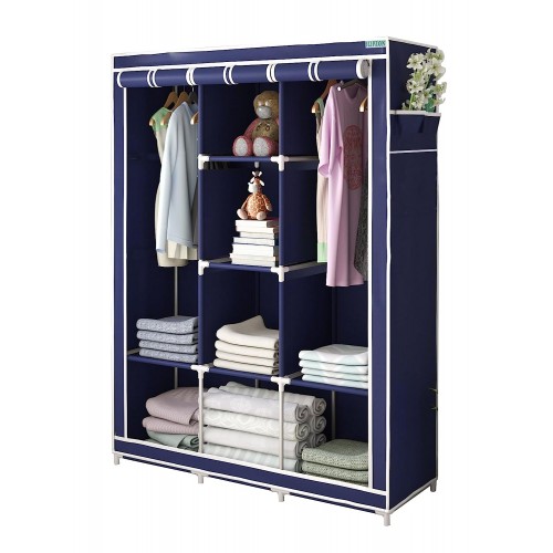 Ontek 6 + 2 Shelves 3 Door Fancy Collapsible Wardrobe for Clothes Racks with Zip Door Cover & Side Pockets, Foldable DIY(Do-It-Yourself), Blue