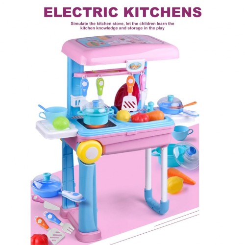 Kids Kitchen Set - Kitchen Set for Kids Girls Big Cooking Set Light and Sound Portable Trolley Pretend Play Toys Battery Operated ( Pink-C )